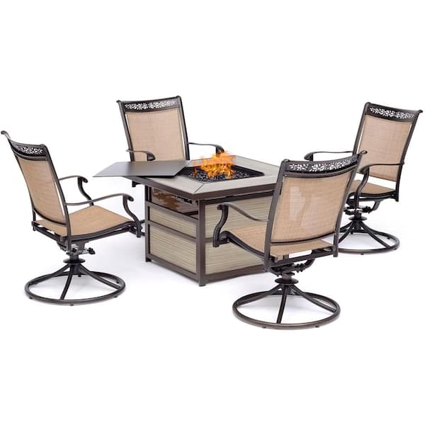Hanover Fontana 5-Piece Aluminum Patio Conversation Set with 4 Sling Swivel Rockers and 40,000 BTU Gas Fire Pit Coffee Table