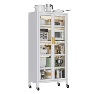 White Metal Microwave Cart, Double Door Kitchen Bakers Rack Microwave Stand with Wheels and 5 Storage Shelves