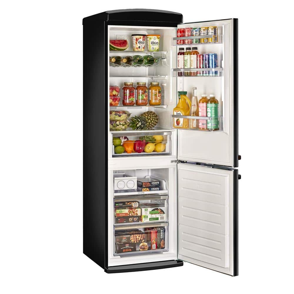 Midnight Black Retro 24" Bottom Mount Refrigerator with Chrome Accents