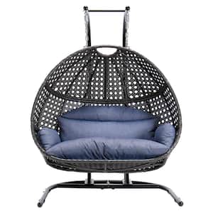 Black Wicker Hanging Double-Seat Patio Swing Chair with Stand and Blue Cushion