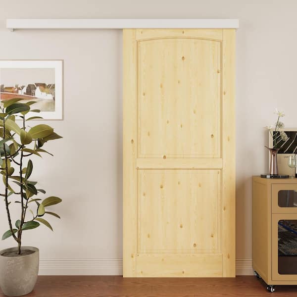 36 in. x 80 in. Hidden Track Style 2-Panel Solid Core Unfinished Pine Wood Sliding Barn Door with Hardware Kit