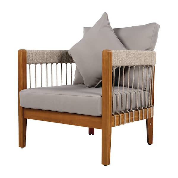 Wood Outdoor Lounge Chair with Thick Cushions, Handwoven Rope Accents Club Chair with Arms for Porch Garden, Gray