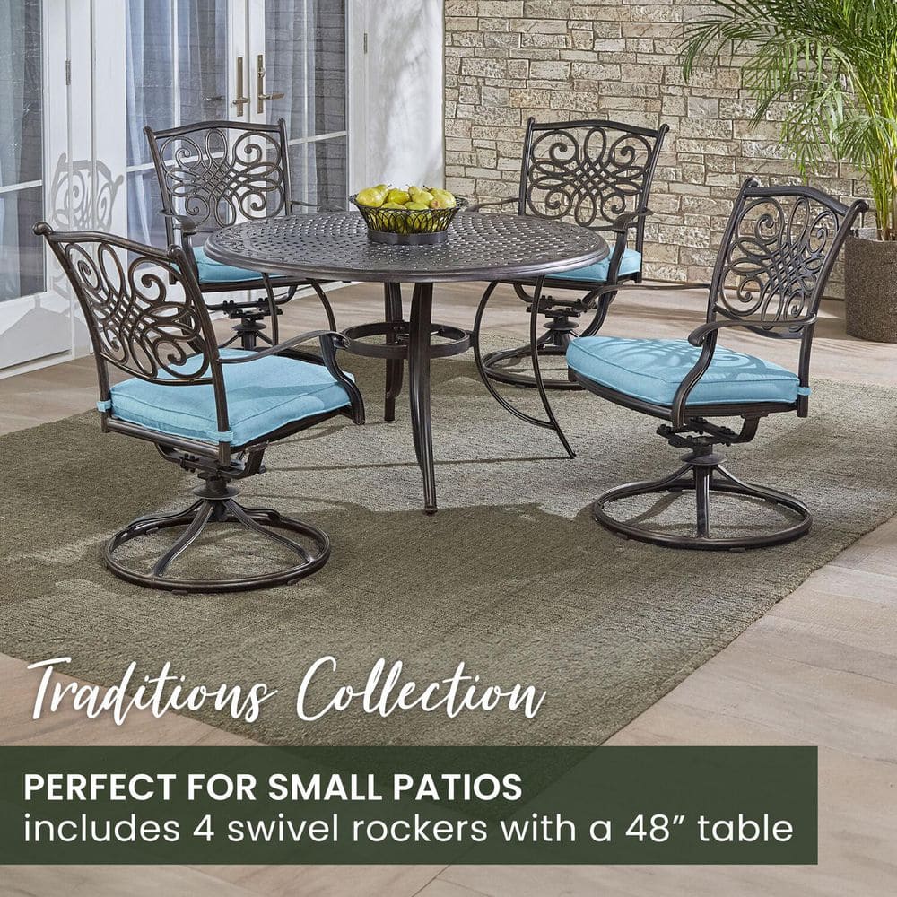 Hanover 5-Piece Blue Cushioned Aluminum Outdoor Dining Set with Swivel Chairs