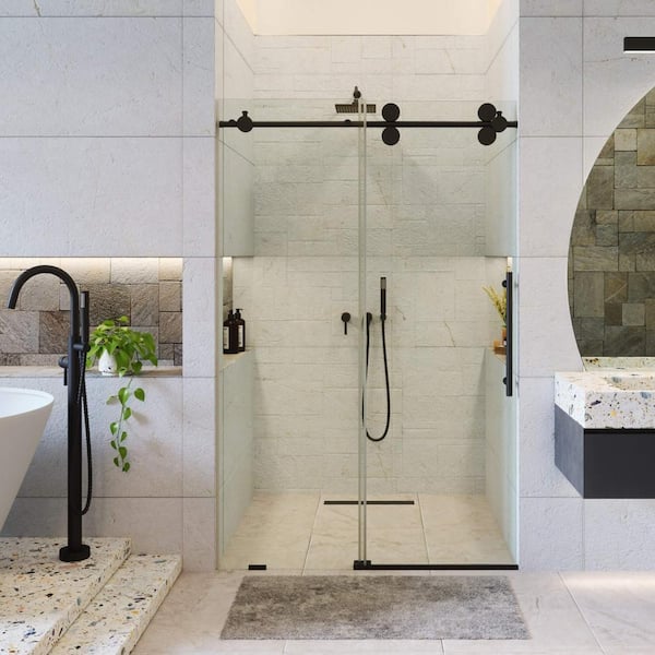 FINE FIXTURES 48 in. W x 80 in. H Single Sliding Frameless Shower Door in Black Finish with Tempered Clear Glass