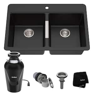 Quarza Black Granite Composite 33 " 50/50 Double Bowl Drop-In/Undermount Kitchen Sink with WasteGuard Garbage Disposal