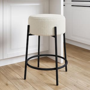 Isaac 29 in. Modern Backless Bar Stool with Round Soft Padded Boucle Seat and Metal Mid-Century Base, Boucle White/Black