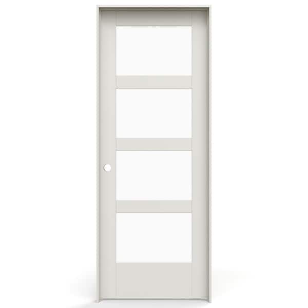 JELD-WEN 32 in. x 80 in. Right-Handed 4 Lite Clear Glass Primed Solid Core Wood Single Prehung Interior Door with Flat Jamb