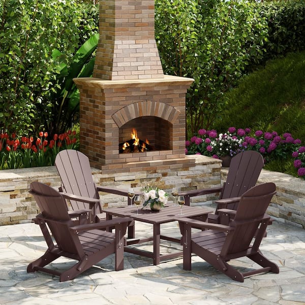 Laguna Dark Brown Plastic Weather Resistant Adirondack Chair 5-Piece Outdoor Patio Conversation Set, Square Coffee Table