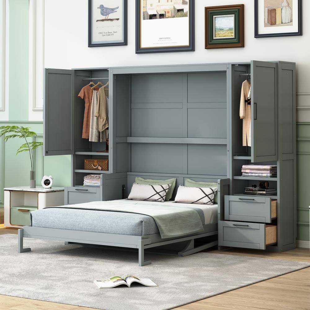 Qualler Gray Wood Frame Queen Size Murphy Bed with Wardrobe, Drawers ...