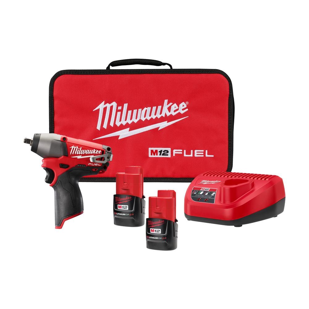 Milwaukee M12 FUEL 12-Volt Lithium-Ion Brushless Cordless 3/8 in. Impact  Wrench Kit w/Two 2.0 Ah Batteries, Charger and Tool Bag 2454-22