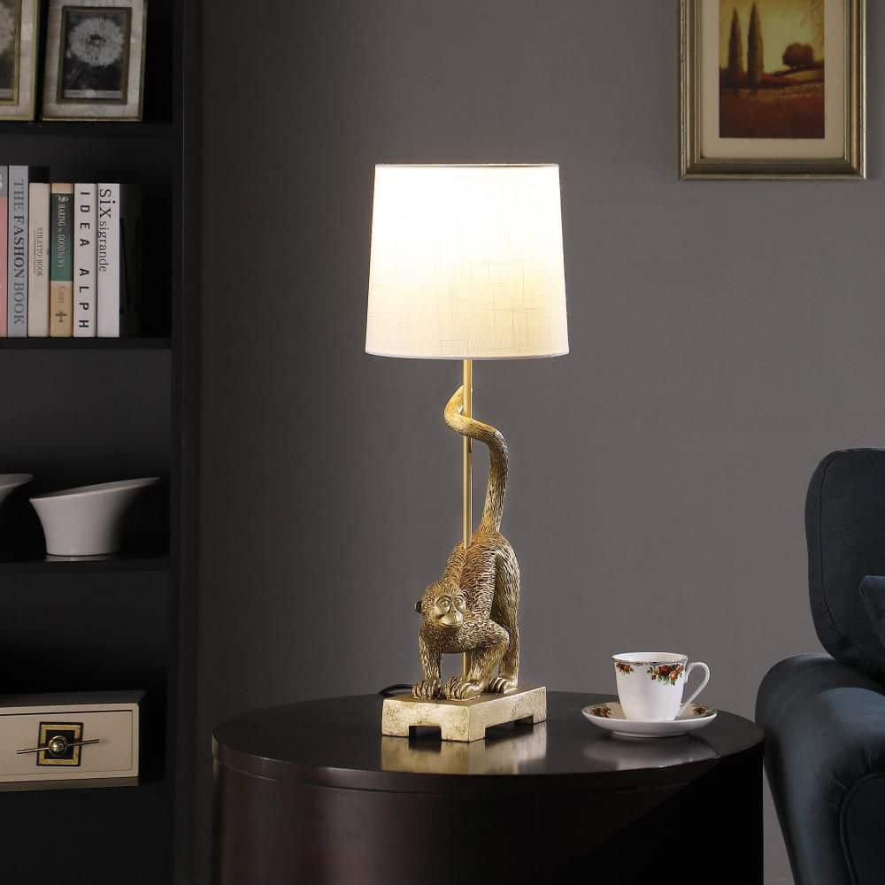 24 in. Gold Wildlife Capuchin Monkey Table Lamp with Golden Figurine and White Textured Shade for Study or Bedroom price history on PriceWatchPro