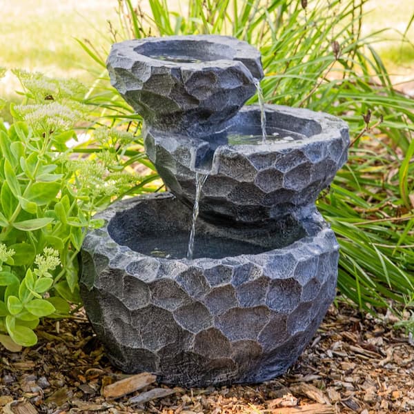 Sunnydaze 17 in. 3-Tier Chiseled Basin Solar Outdoor Tiered Water