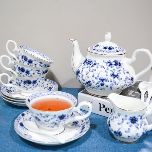 LAIFUCAM Accent Plate Ceramic 21-Piece Blue Vintage Bone China 6