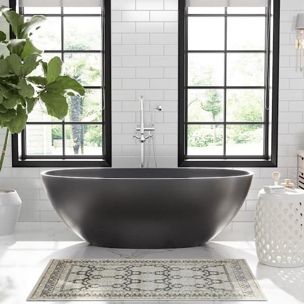65 in. x 30 in. Solid Surface Stone Resin Freestanding Soaking Bathtub with Center Drain, Drainer, Hose in Matte Black