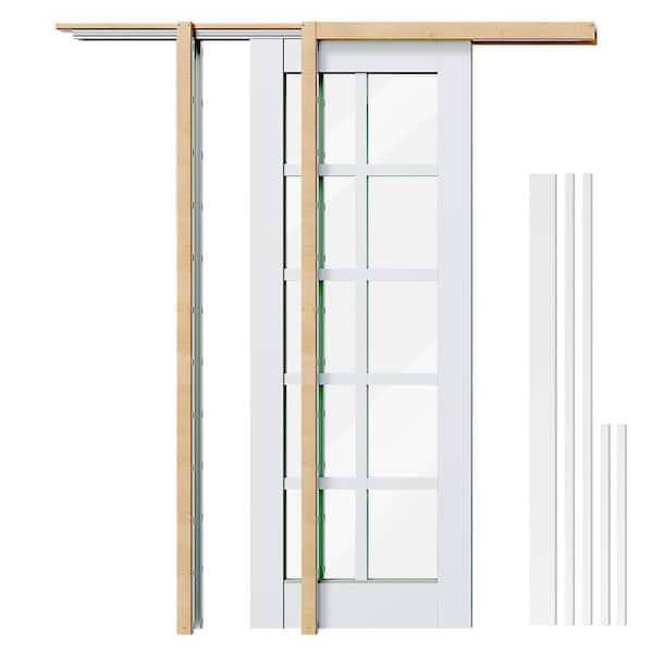 32 in. x 80 in. 10 Lite Clear Glass White Primed Wood Door Slab with Pocket Door Frame Kit and Jamb, French Doors