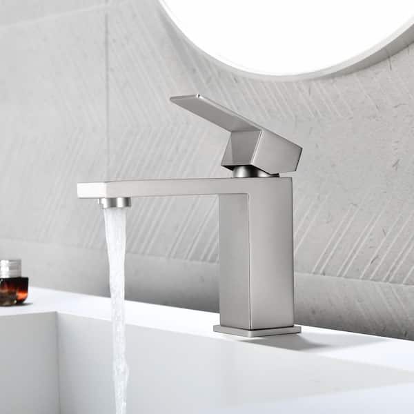 Single Handle Bathroom Faucet with Deck Plate, Modern Single Hole Bathroom Faucet with Drain in Brushed Nickel