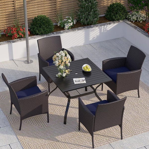 PHI VILLA Black 5-Piece Metal Patio Outdoor Dining Set with Slat Metal Square Table and Rattan Chairs with Blue Cushion