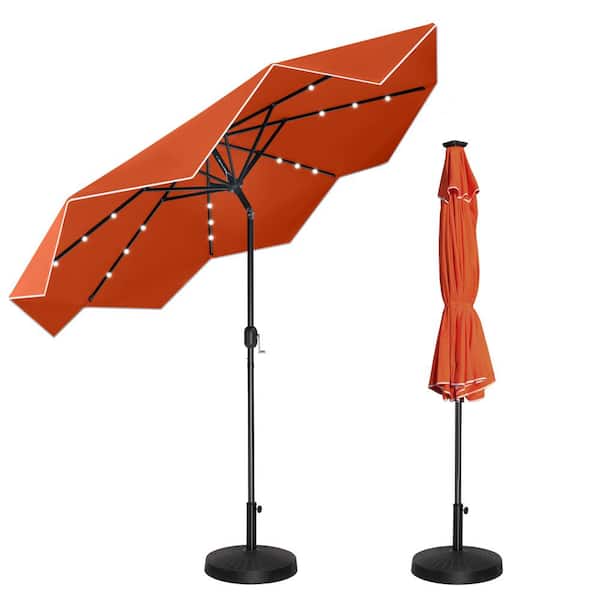PHI VILLA 10 ft. Metal Market Solar Tilt Patio Umbrella with Lights and Falbala Design in Orange