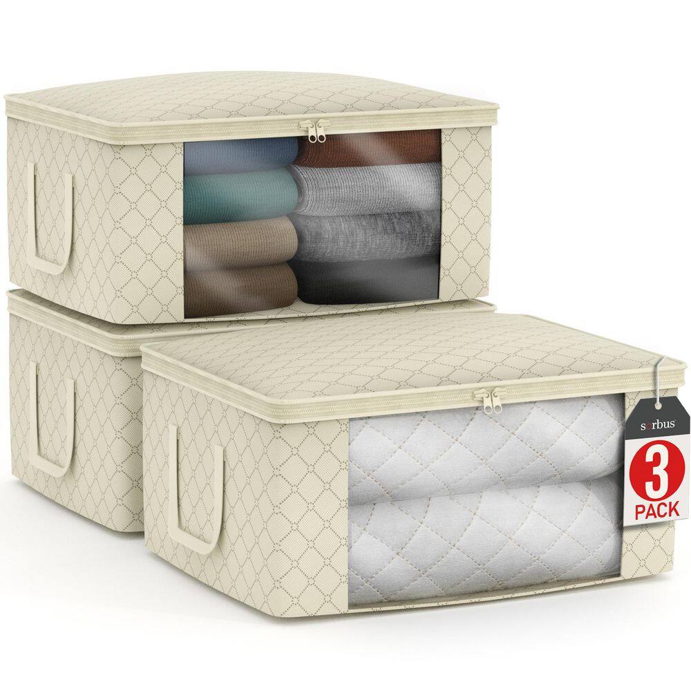 Foldable Storage Bag Organizers with Clear Window and Handles, Beige 19 in. x 7.5 in. Fabric Decorative Box Set of 3