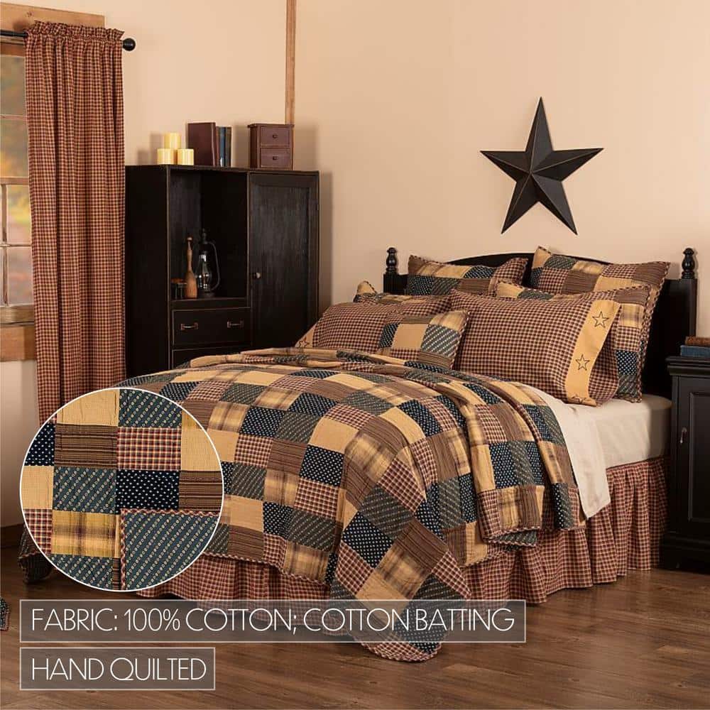 Navy and Tan Cotton Patchwork Queen Quilt Set