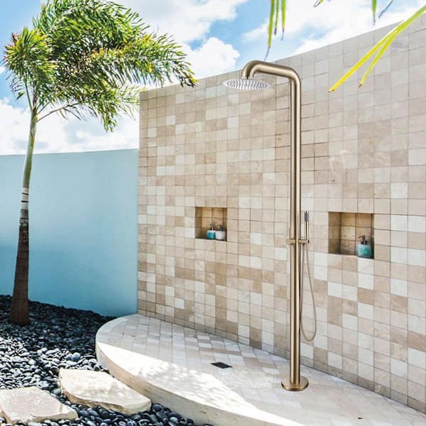 Outdoor Exposed Single-handle Freestanding Tub Faucet with Rainfall Shower Head and Hand Shower in Brushed Gold