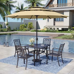 Black 6-Piece Metal Square Patio Outdoor Dining Set with Slat Table, Umbrella and Fashion Stackable Chairs