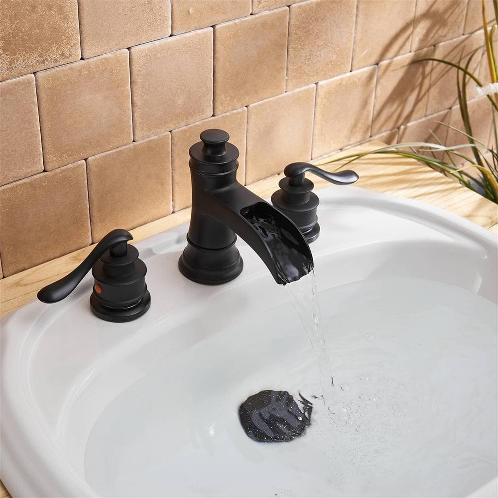 Matte Black Brass 8-Inch Widespread Bathroom Faucet with Drain Kit
