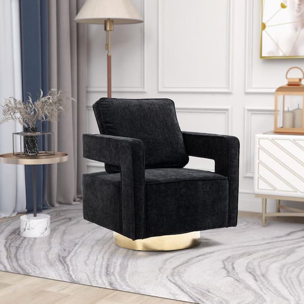 ANBAZAR Black Accent Swivel Sofa Chair Open Back Chair with Arms and Pillow Barrel Chair with Stainless Steel Base Chenille