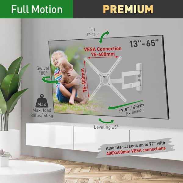 Barkan 13 in. to 65 in. Full Motion - 4 Movement Flat / Curved TV Wall Mount White Patented to Fit Various Screen Types
