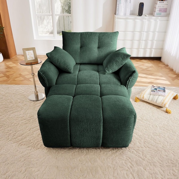 Tina 47.2 in. Flared Arm Chenille Upholstered Rectangle Sectional Sofa in. Green with Ottoman, Throw Pillows