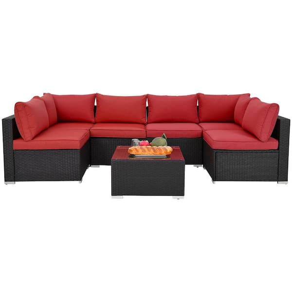 Tunearary 7-Pieces All Weather PE Rattan Wicker Outdoor Patio Sectional Conversation Sets with Coffee Table and Red Cushions