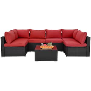 Black 7-Pieces Wicker Patio Conversation Sets with Red Cushions