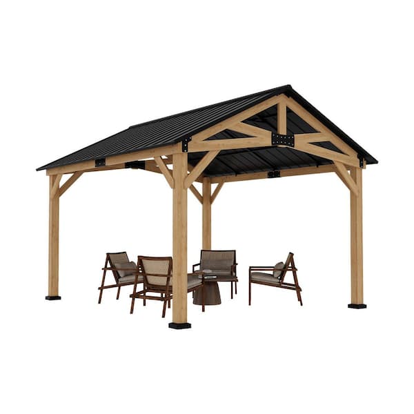 11 ft. x 13 ft. Wood Hardtop Outdoor Patio Gazebo with Galvanized Steel Roof and Ceiling Hook