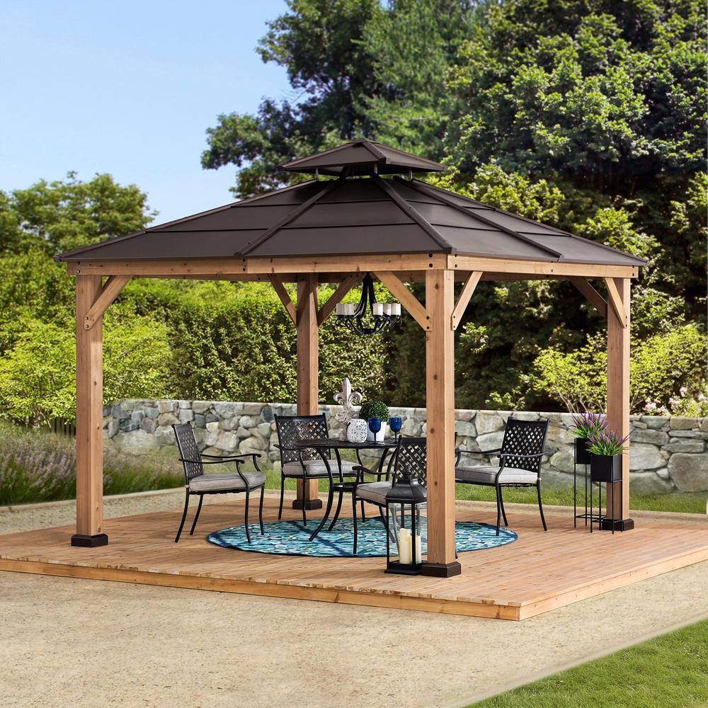 Sunjoy Myla 11 ft. x 11 ft. Cedar Gazebo with Brown Steel 2-Tier Hip ...