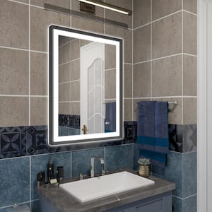 24 in. W x 32 in. H Rectangular Framed Dimmable Backlit Front Light Slope LED Bathroom Vanity Mirror in Black,Easy Hang