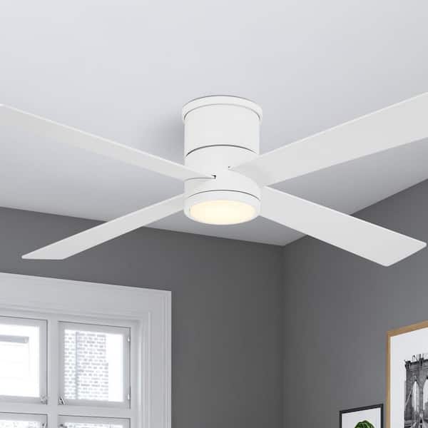 Falco Flush 54 in. Indoor Flat White Low Profile Flush Mount Ceiling Fan with Integrated LED and Remote Control Included