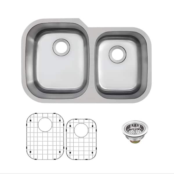 31.5 in. Undermount 60/40 Double Bowl 16-Gauge Stainless Steel Kitchen Sink with Bottom Grids