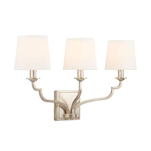 Ophelia 24.5 in. W x 13.5 in. H x 7 in. E 3-Light Winter Gold Vanity Light with White Fabric Shades