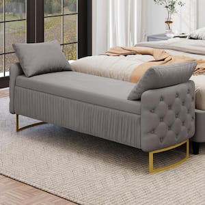 Havenwood Gray Velvet Modern Storage Ottoman with Pillows, Tufted, Ruched