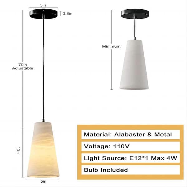 YUYI 1-Light Black Pendant Light, Conical Natural Alabaster
