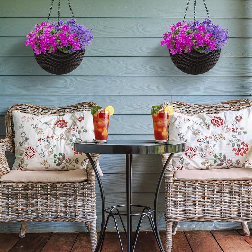 Large Espresso Brown Resin Woven Hanging Planter Set