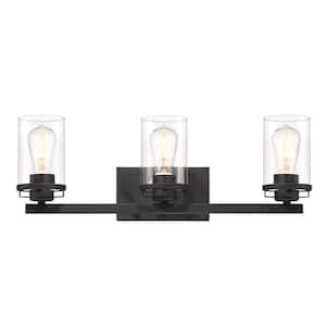 Jedrek 24 in. 3-Light Black Modern Industrial Vanity with Clear Glass Shades