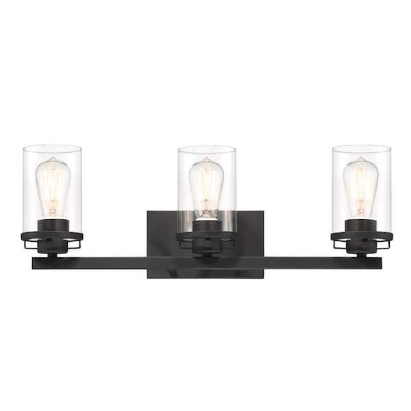 Designers Fountain Jedrek 24 in. 3-Light Black Modern Industrial Vanity with Clear Glass Shades