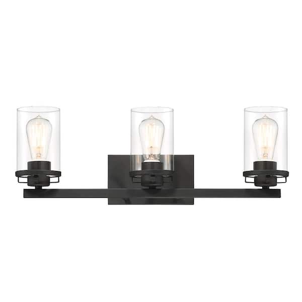 Jedrek 24 in. 3-Light Black Industrial Vanity Light with Clear Glass Shades