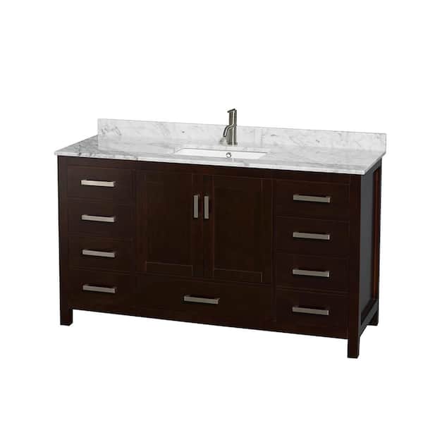 Wyndham Collection Sheffield 60 in. W x 22 in. D x 35 in. H Single Bath Vanity in Espresso with White Carrara Marble Top