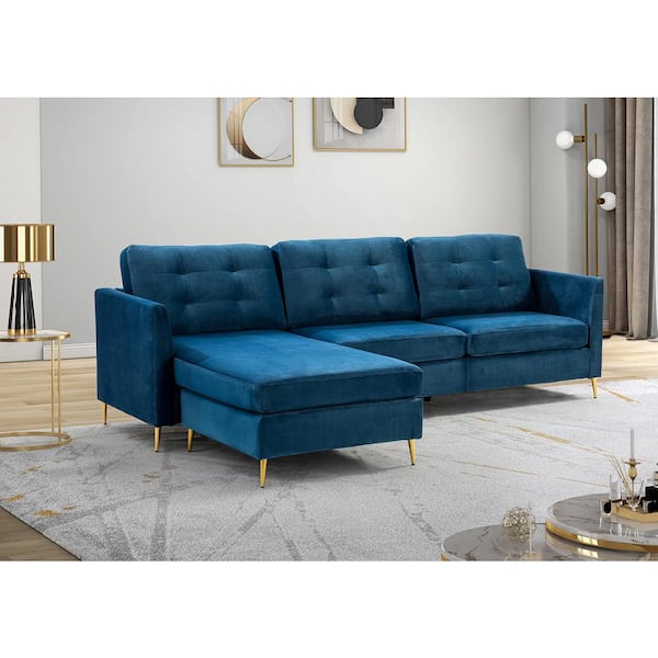 JAYDEN CREATION Nasamonia 72 in. Wide Navy Polyester Reversible Sofa and Chaise with Tufted Design