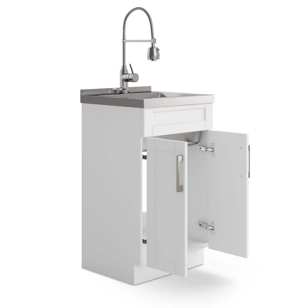 White 20 Inch Laundry Cabinet with Stainless Steel Sink and Faucet