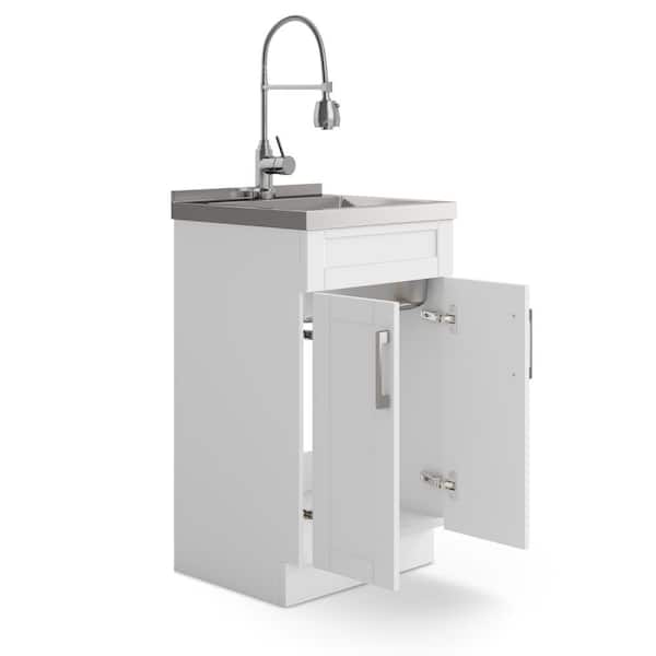 Simpli Home Hennessy Transitional 20 in. Deluxe Laundry Cabinet with Faucet and Stainless Steel Sink in White