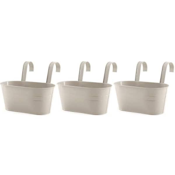 3 Pack Metal Iron Hanging Flower Pot, Oval Railing Fence Garden Balcony Planter Pots, Metal Bucket Flower Holders, Gray