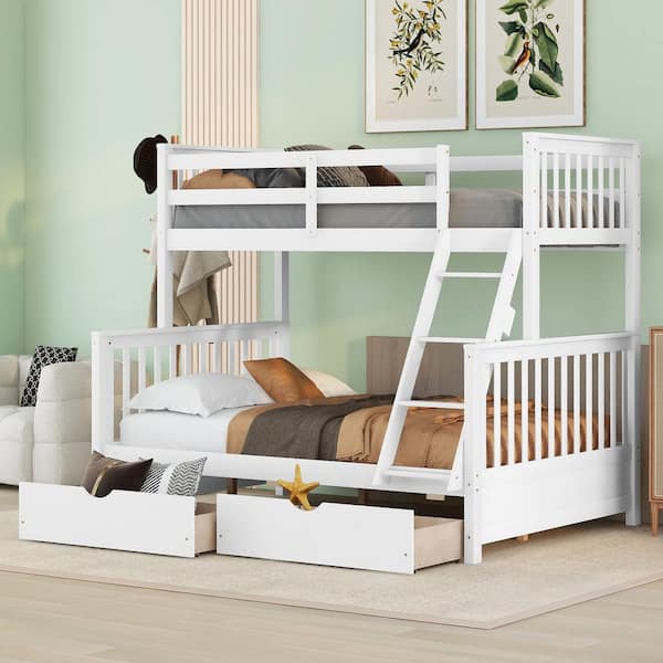 Qualler White Twin Over Full Bunk Bed with Ladder and 2-Storage-Drawers